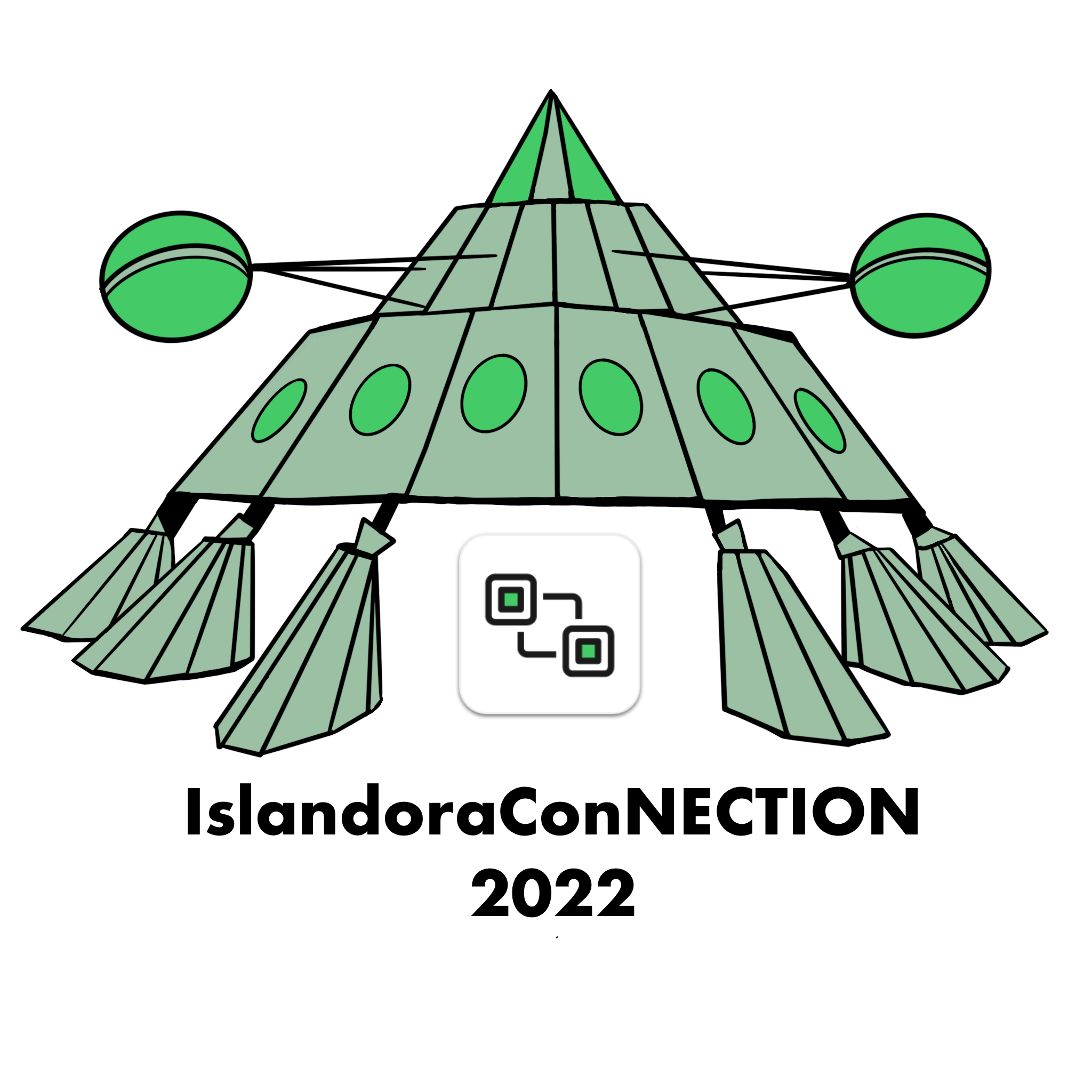 The islandoracon logo is shown underneath a green mothership, captioned IslandoraConNECTION 2022